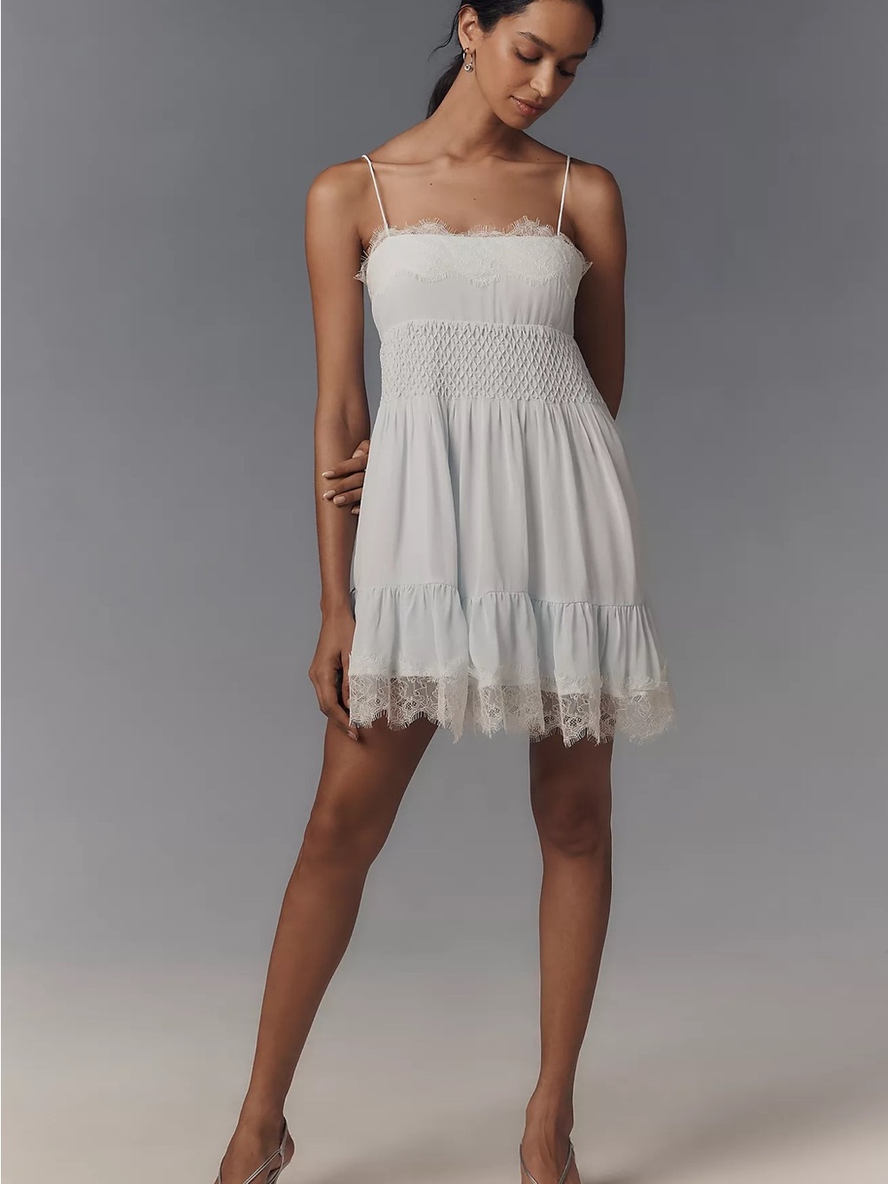 Maeve Cream Lace-Trim Smocked Slip Dress